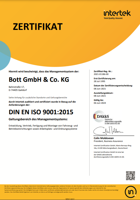 Zertifikat-Intertek_ISO-9001-2015 für die Bott GmbH & Co. KG