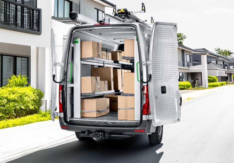 Klappregal Mercedes Sprinter mit Kartons Ansicht hinten links