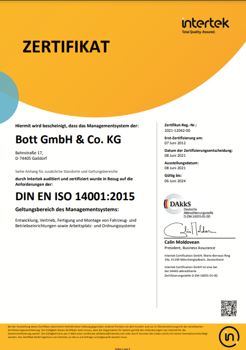Intertek-Zertifikat-14001 für die Bott GmbH & Co. KG