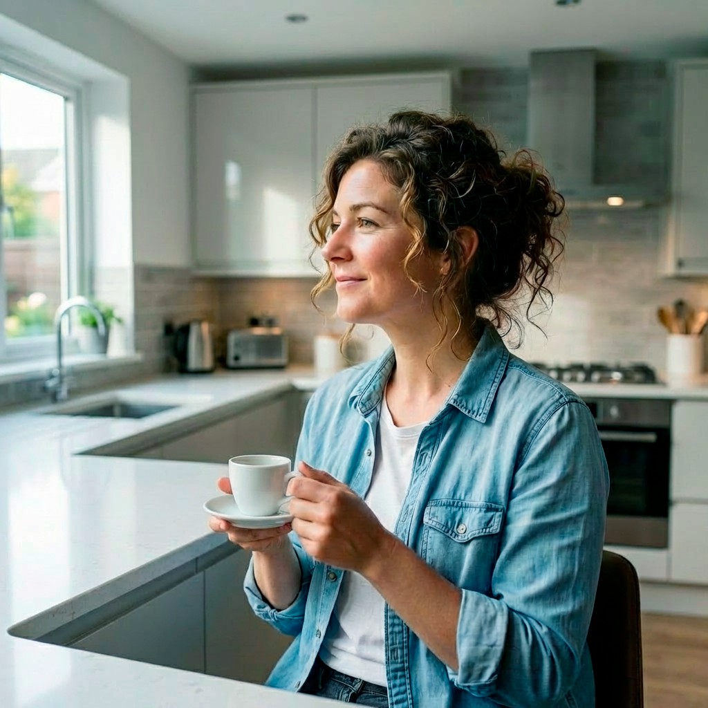 Eine Frau trinkt espresso zuhause