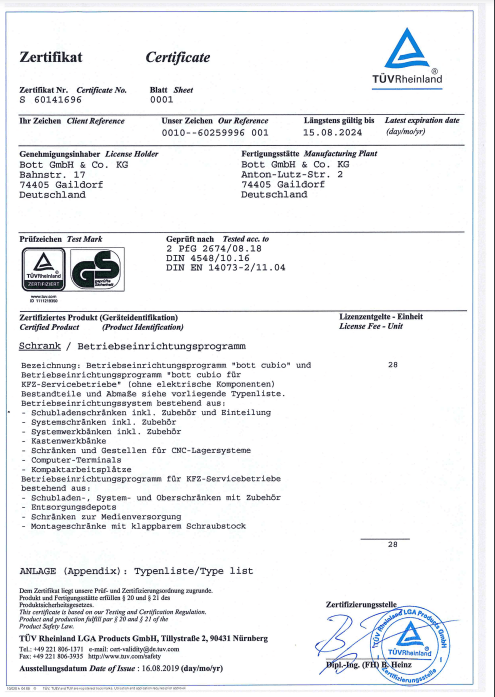 TÜV-Zertifikat Bott GmbH & Co KG für die cubio Betriebseinrichtung